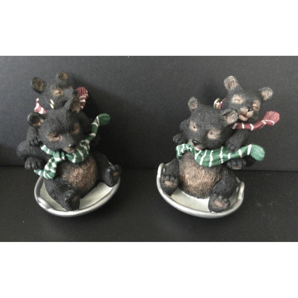 Black Bear Cubs Flying Saucer Sledding Christmas Tree Holiday Ornament Set Of 2